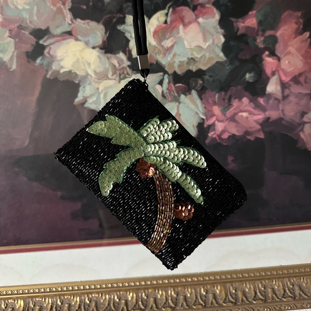 Vintage black and green beaded palm tree clutch wallet wristlet